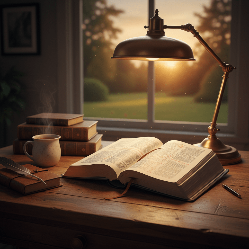 Open book on a wooden desk illuminated by a warm lamp and sunset light.