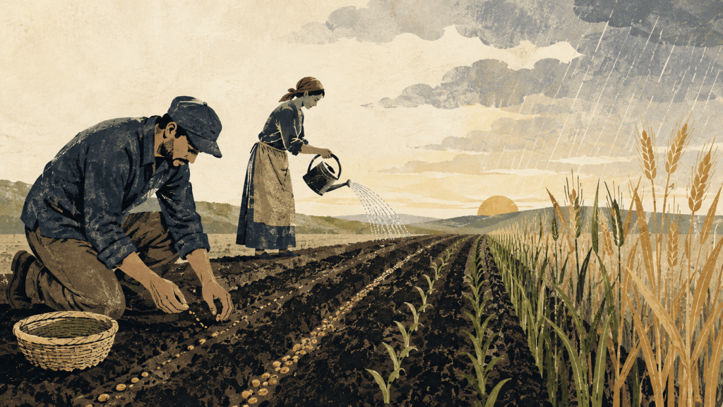 Two workers plant and water different sections of one field while crops grow at various stages beneath rain and sunlight, illustrating faithful labour under God’s sovereign provision.