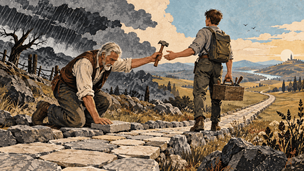 An older worker completes a stone path and passes a tool to a younger worker who continues the road.