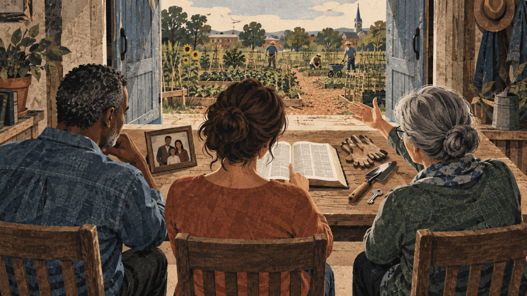 Three believers study an open Bible while considering the community garden directly before them.