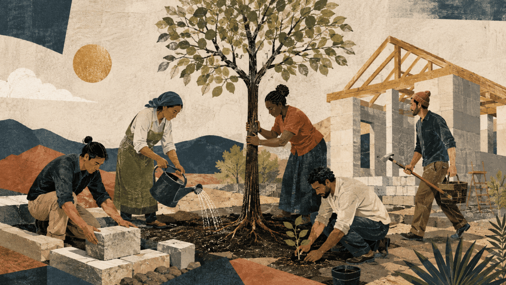 Five diverse workers contribute different forms of labour around one rooted tree and a shared building project, with no individual elevated above the others.