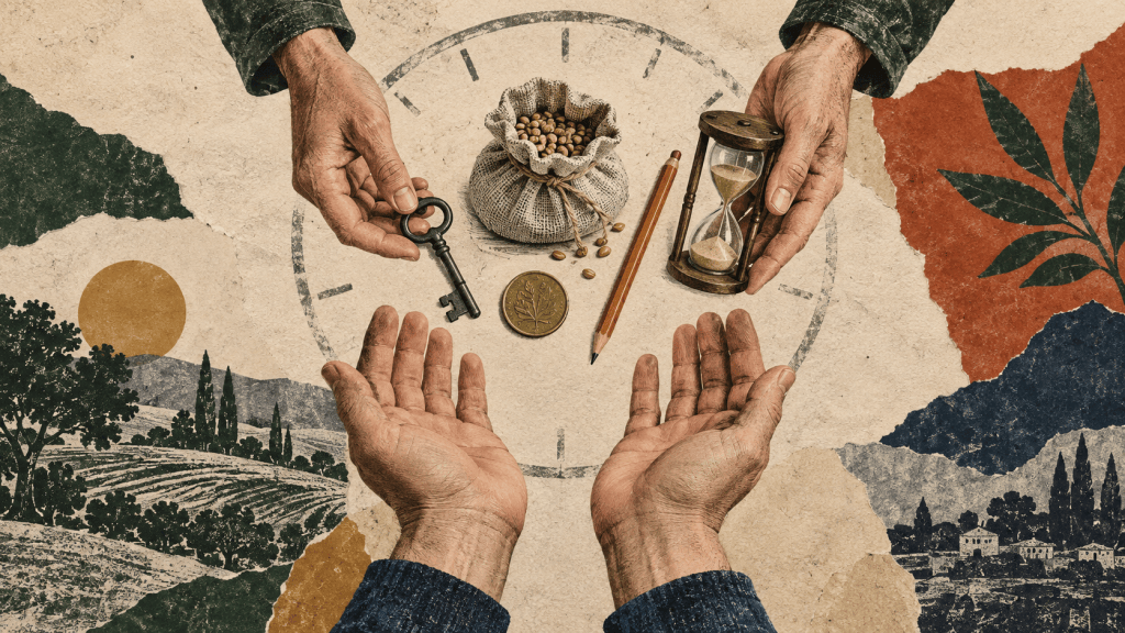 Open hands receive a key, seeds, a coin, a pencil, and an hourglass, representing resources entrusted for a limited time.
