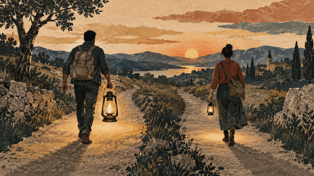 Two people carry lanterns of different sizes along parallel paths toward the same horizon.