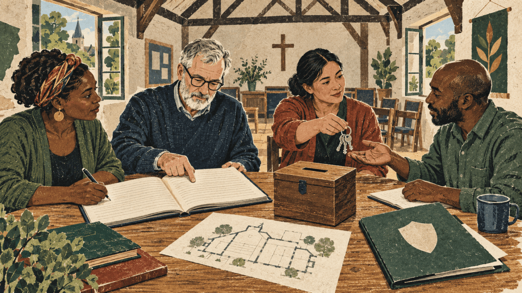 Four church leaders review records and exchange property keys around a table with an offering box and a building plan.