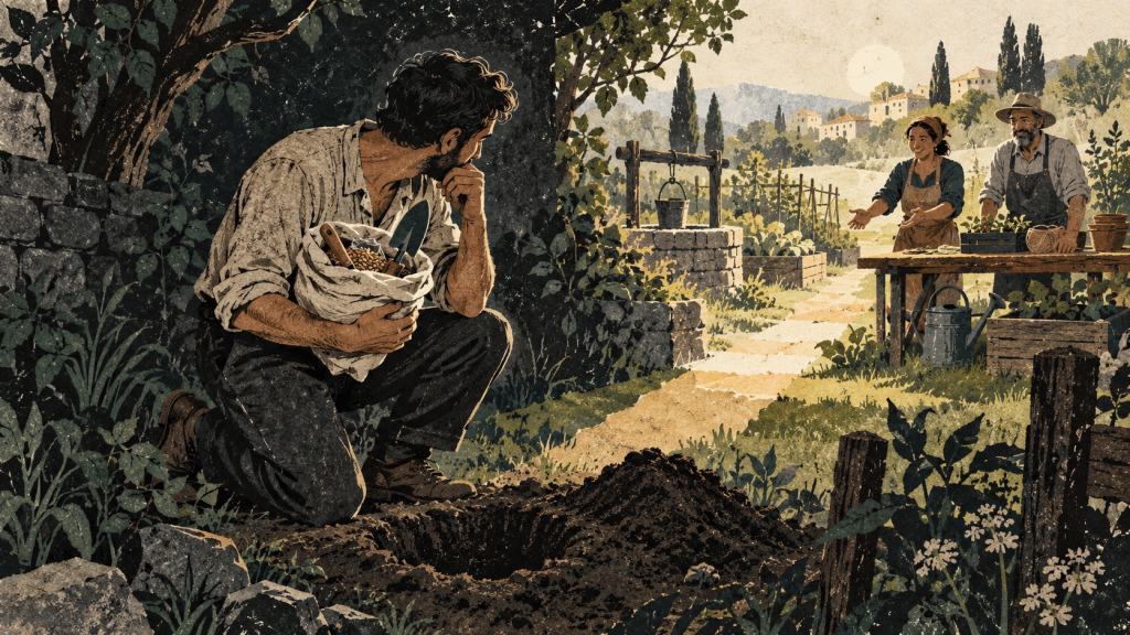 A hesitant man holds seeds and a garden tool beside an open hole while two workers invite him towards a cultivated garden.