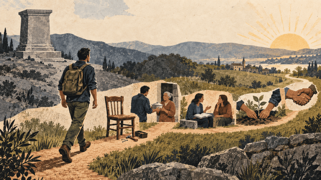 A man leaves an empty pedestal behind and walks along a path marked by ordinary acts of service.
