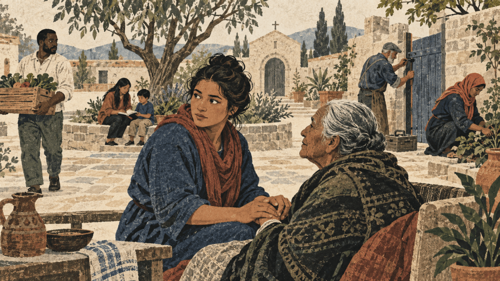 Several people serve different needs across a community while one woman gives focused attention to an older person beside her.