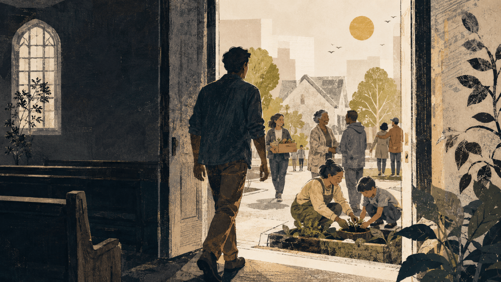 A person leaves a shadowed church pew and steps through an open doorway into a community engaged in practical service, symbolizing the movement from observing God’s work to participating in it.