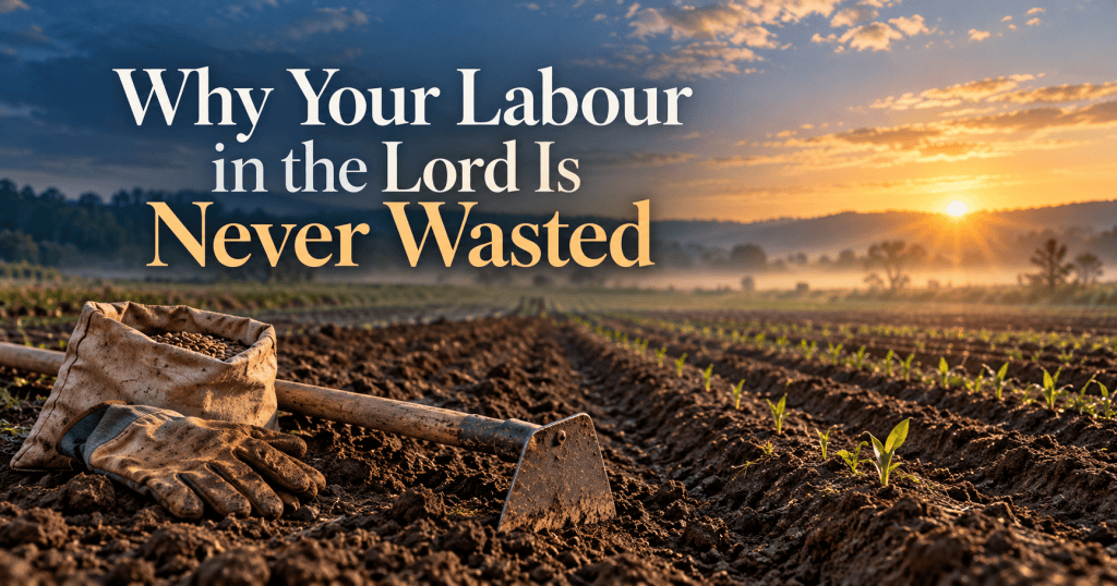 A cultivated field at sunrise, with young plants emerging from carefully prepared soil. A seed bag, work gloves, and a well-used hoe represent faithful labour whose full harvest is still to come.