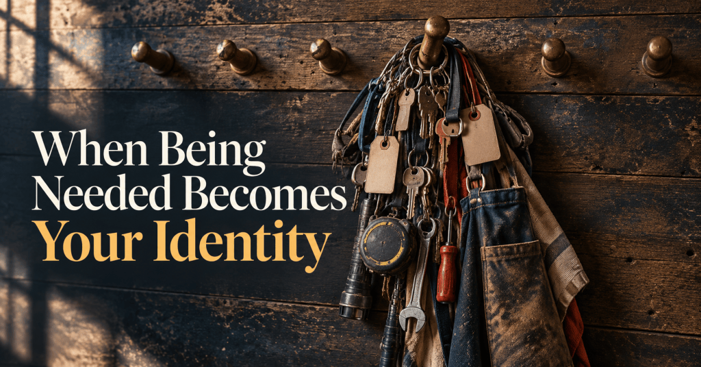 A crowded collection of keys, tools, workwear, and responsibilities hangs from a single wooden peg while the surrounding pegs remain empty. The image portrays the strain of carrying too much and finding personal worth in being constantly needed.